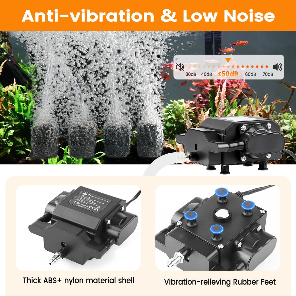 AQQA Powerful Aquarium Air Pump Adjustable Oxygen Aerator with 4 Air Outlets, All Accessories Included for Large Fish Tanks, Ponds & Hydroponic Systems, Commercial Use, Up to 600 Gal (12W, 257 GPH)
