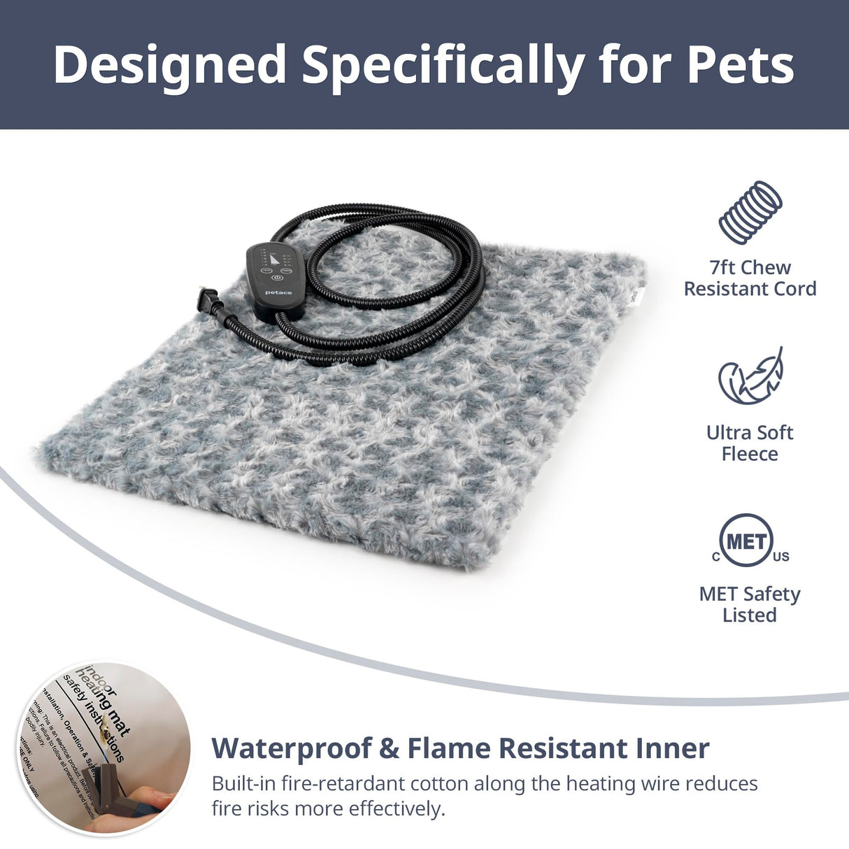 Petace Adjustable Temperature Heated Cat Bed & Dog Heating Pad with Timer, Chew-Resistant Cord, Thick and Soft Cover, Indoor Pet Heating Pad, 27.5" x 15.7"