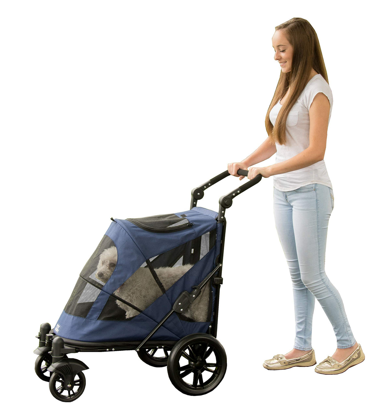 Pet Gear NO-Zip Pet Stroller with Dual Entry, Push Button Zipperless Entry for Single or Multiple Dogs/Cats, Pet Can Easily Walk in/Out, Gel-Filled Tires, Navy, Excursion