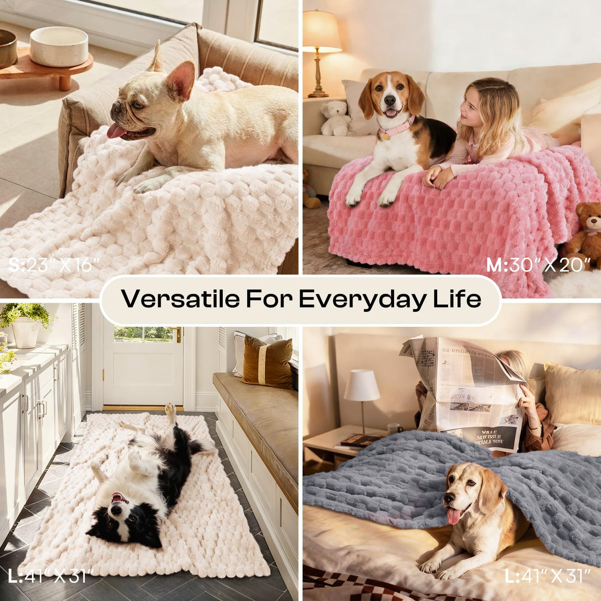 Luciphia 300GSM Fleece Dog Blanket for Small Medium Large Dogs 3D Jacquard 1 Pack 3 Flannel Puppy Cat Pet Throw Blankets Soft Washable Decorative Furniture Protect Pcs3-Grey/White/Pink, L(41''x31'')