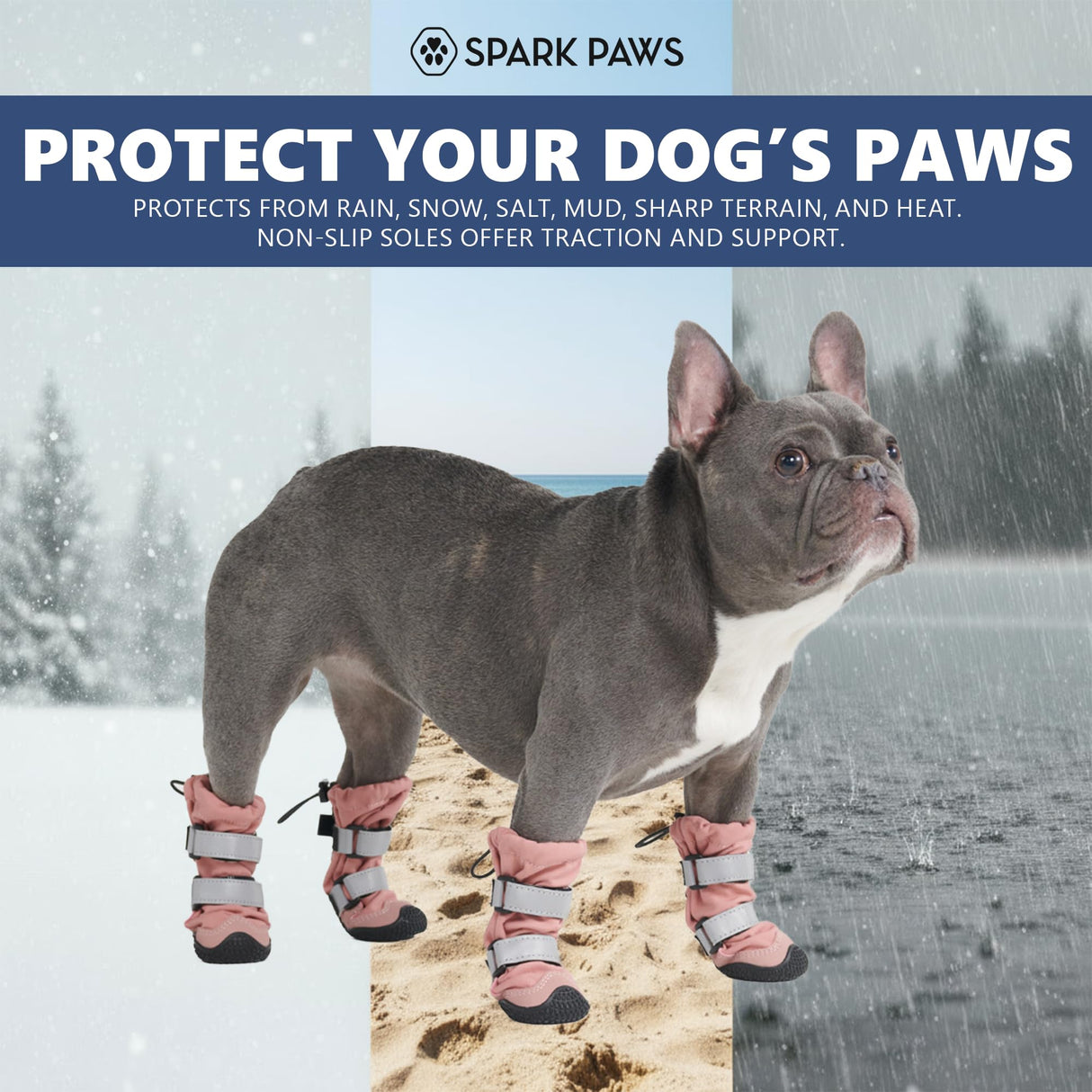 Spark Paws Dog Rainboots, Waterproof Dog Shoes for Medium to Large Dogs, Non Slip, Dog Booties and Paw Protectors - 4PCS Doggie Hiking Boots with Reflective Straps - Pink