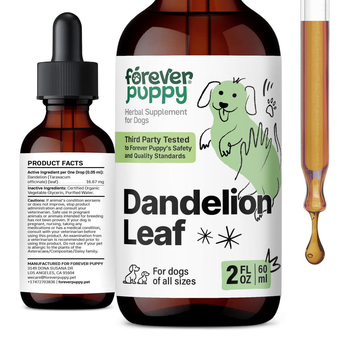 Forever Puppy Dandelion Leaf Drops for Dogs - Kidney Health Liquid Supplement for Large, Medium & Small Dogs - Kidney Cleanse Detox Drops w/Dandelion Leaves Tincture - 2 oz