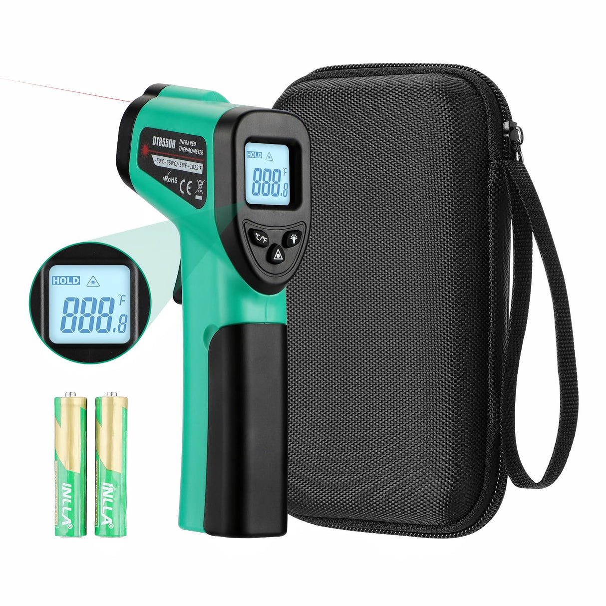 Infrared Thermometer Gun for Cooking, -58β~1022β, Digital Laser Temperature Gun for Blackstone Pizza Oven Reptiles, IR thermometer with Carrying Storage Case, Larger Font, LCD Backlit, Green