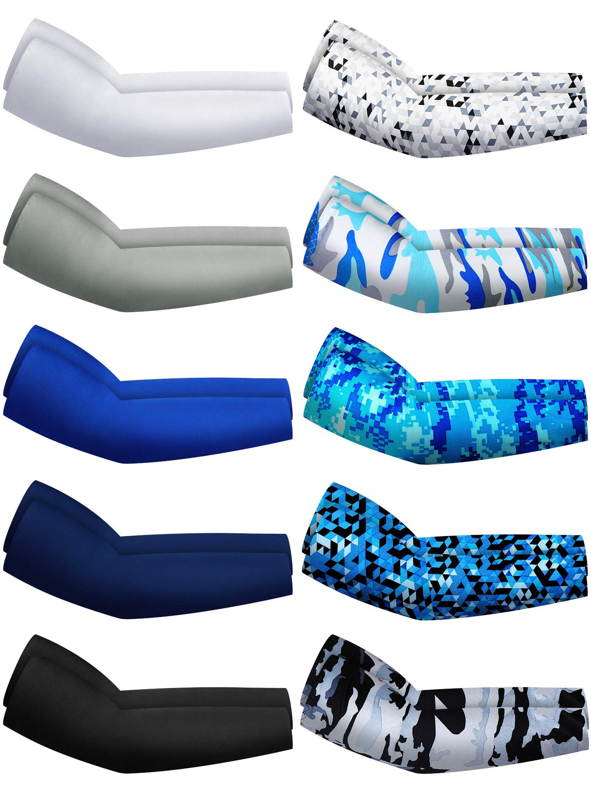 Hicarer 10 Pair UV Sun Protection Arm Sleeves Compression Sports Cooling Sleeves for Men Women Teenager Youth Golf Baseball Basketball Running Outdoor (Blue Series, Novel Camo)