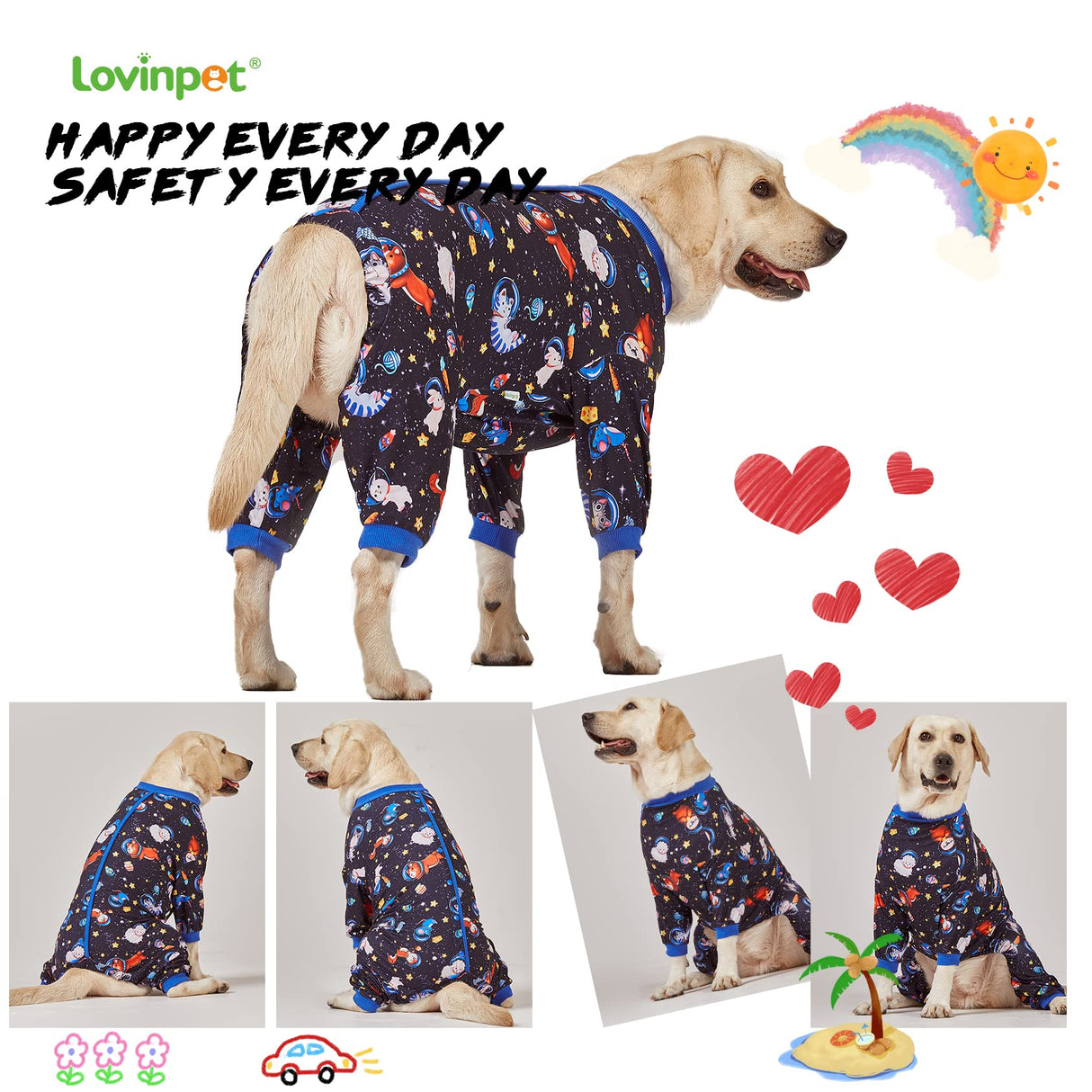 LovinPet Large Big Dog Pajamas - Anxiety Calming Dog Onesie, Pet Pajamas for Dogs, Lightweight Stretchy 4 Legged Style Large Dog Jammies, Space Animals Black Print, Pet Pjs,Black XL