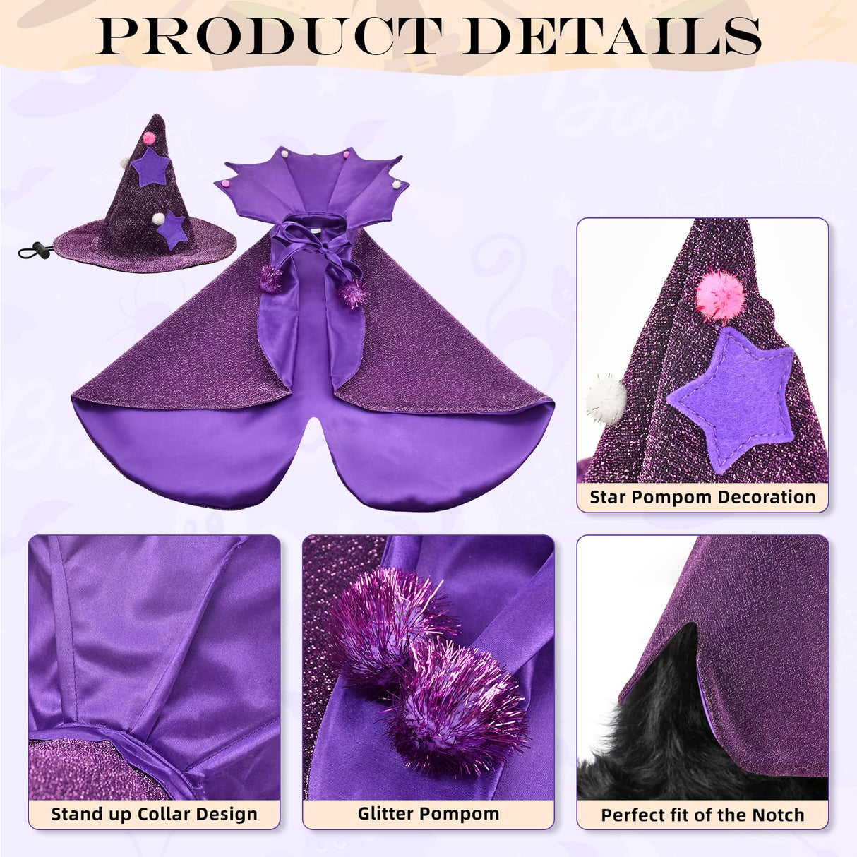 Vehomy Halloween Dog Costume Dog Witch Cape Witch Hat Set Pet Wizard Cloak Vampire Devil Outfit Puppy Cat Halloween Cloak Devil Clothes Outfit Apparel Cosplay for Small Medium Large Dogs 2Pcs XL