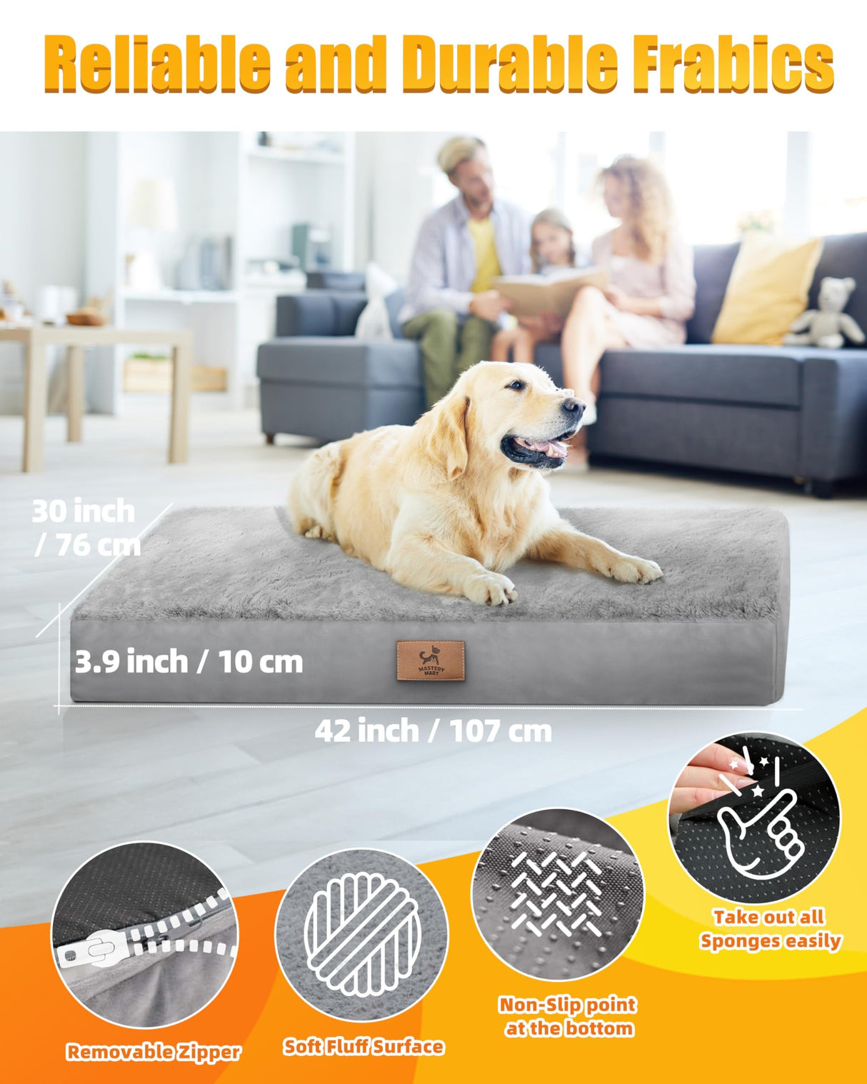 Sytopia Indestructible Dog Beds for Large Dogs Orthopedic, Chew Proof Dog Bed 42 Inch Pet Crate Pad, Washable Removable Cover and Anti-Slip Bottom - XL