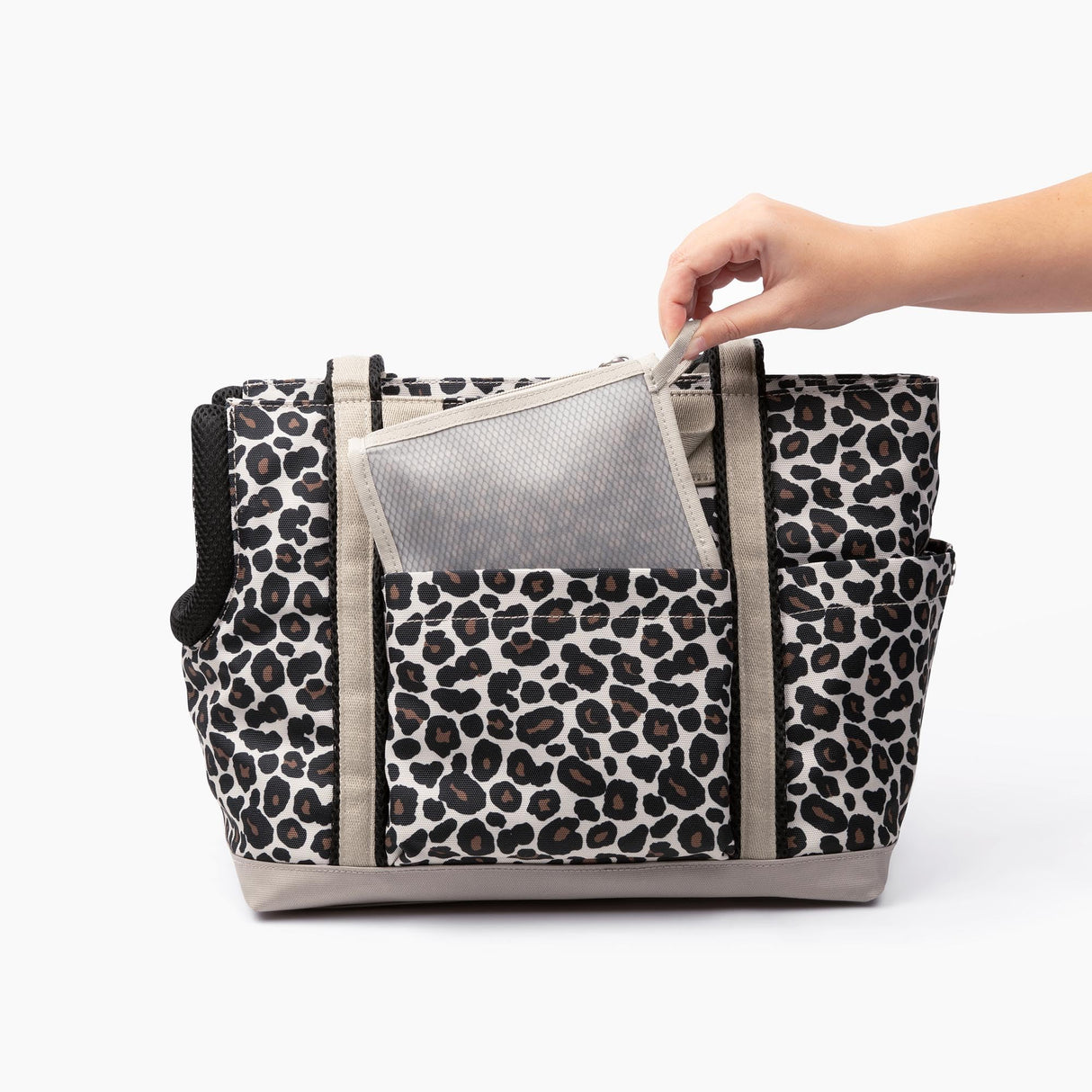 Cleverpup Transit Tote Dog Carrier for Small Dogs up to 8 lbs, 16x11x8 Soft-Sided 4-Pc Set with Waterproof Base, Plush Insert, Food Pouch, Mesh Head Opening - Small, Leopard