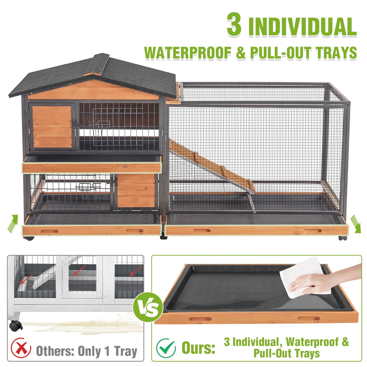 GUTINNEEN 2-Story Rabbit Hutch with Chew-Proof Full Metal Frame for Indoor/Outdoor - 62" Bunny Cage with 6 Locking Casters & 2 Pull-Out Trays for Rabbits, Guinea Pigs, Small Pets (Brown)