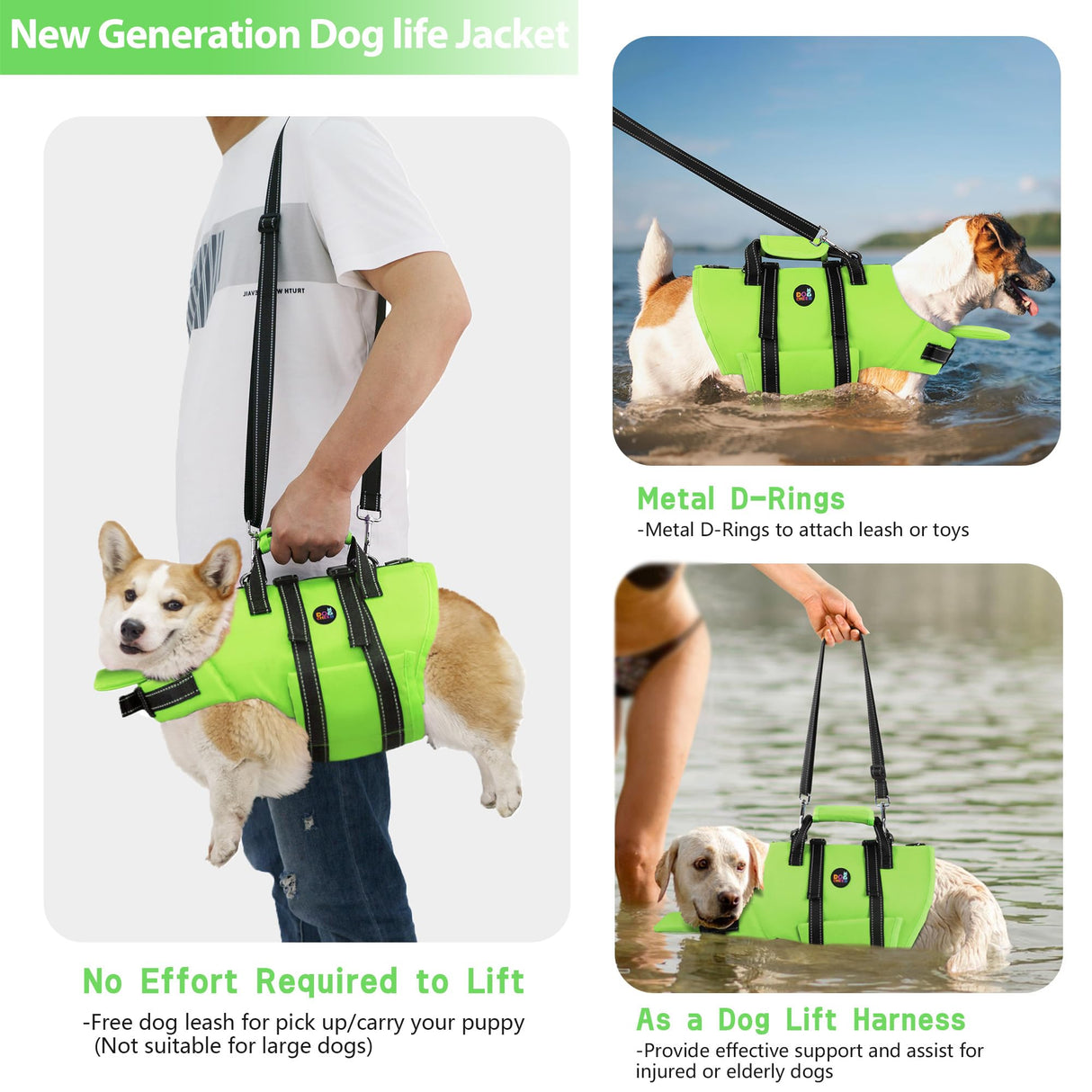 Dogcheer Dog Life Jacket with Back Zipper, High Buoyancy Puppy Swimming Vest, Dog Life Vest for Boating, Reflective Pet Floating Swim Vest PFD for Small Medium Large Dogs-Green,XL