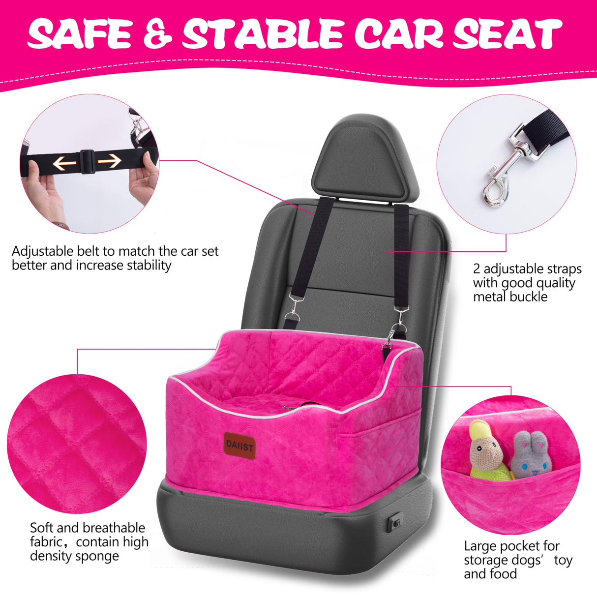 Dog Car Seat for Small Medium Dogs, Detachable Washable Dogs Booster Seat Under 35lbs, Elevated Dog Car Bed with Storage Pockets (Blue, One Size)