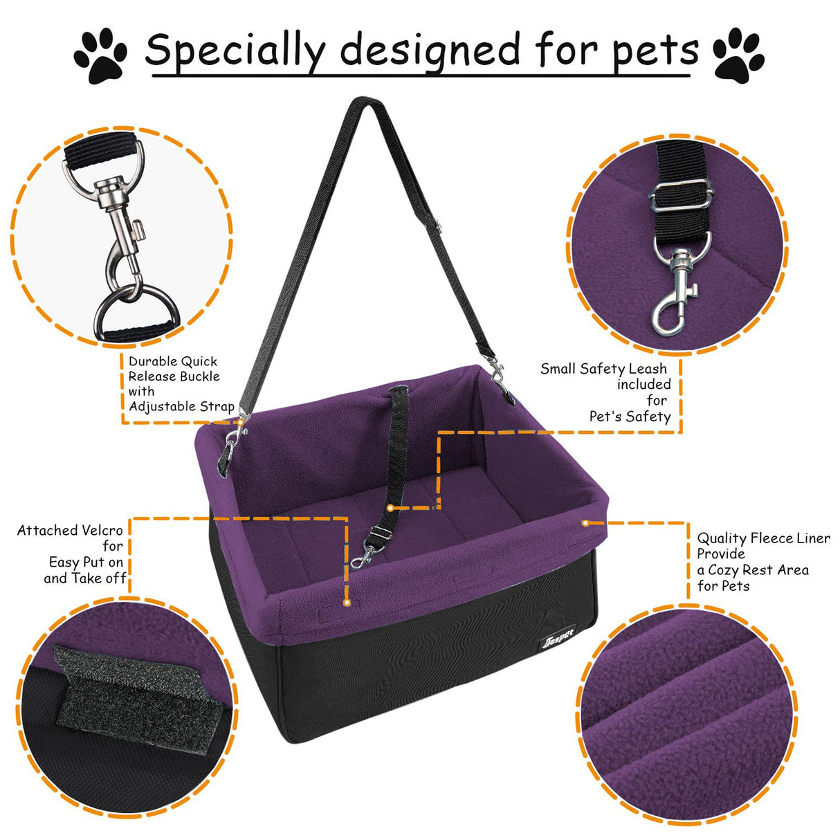 JESPET & GOOPAWS Dog Booster Seats for Cars, Portable Dog Car Seat Travel Carrier with Seat Belt for 24lbs Pets (Purple-16 L x 13" D x 9" H)