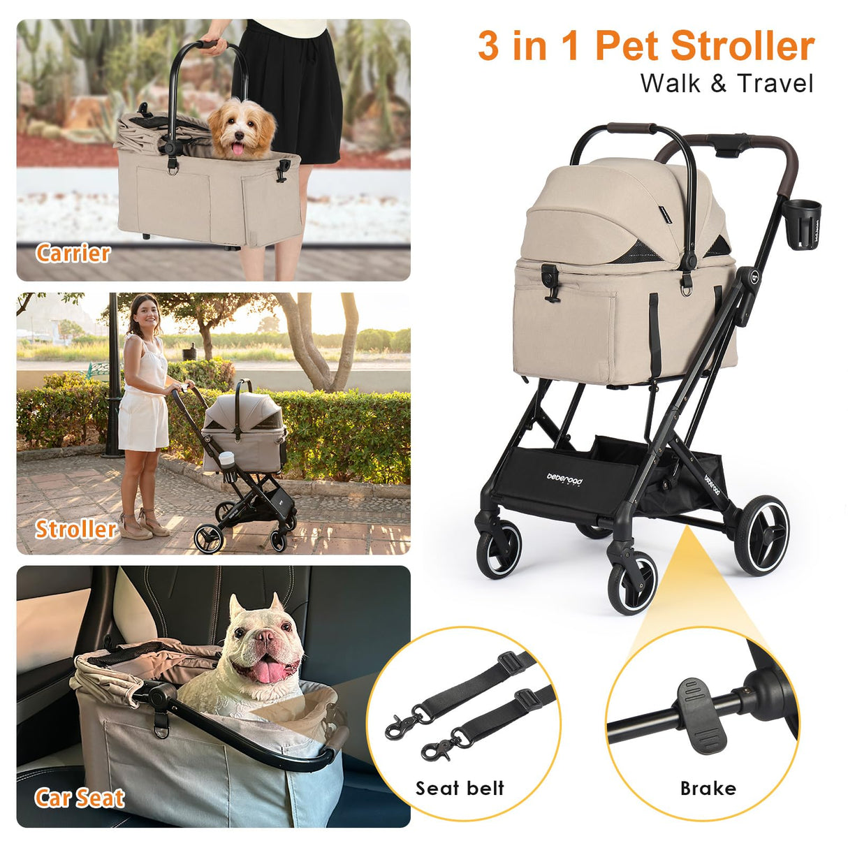 Beberoad Pets X2 Pet Stroller, Dog Cat Stroller for Small Pets, Equipped with Detachable & One-Click Folding Carrier, Waterproof Pad & Sunshade Canopy,Camel