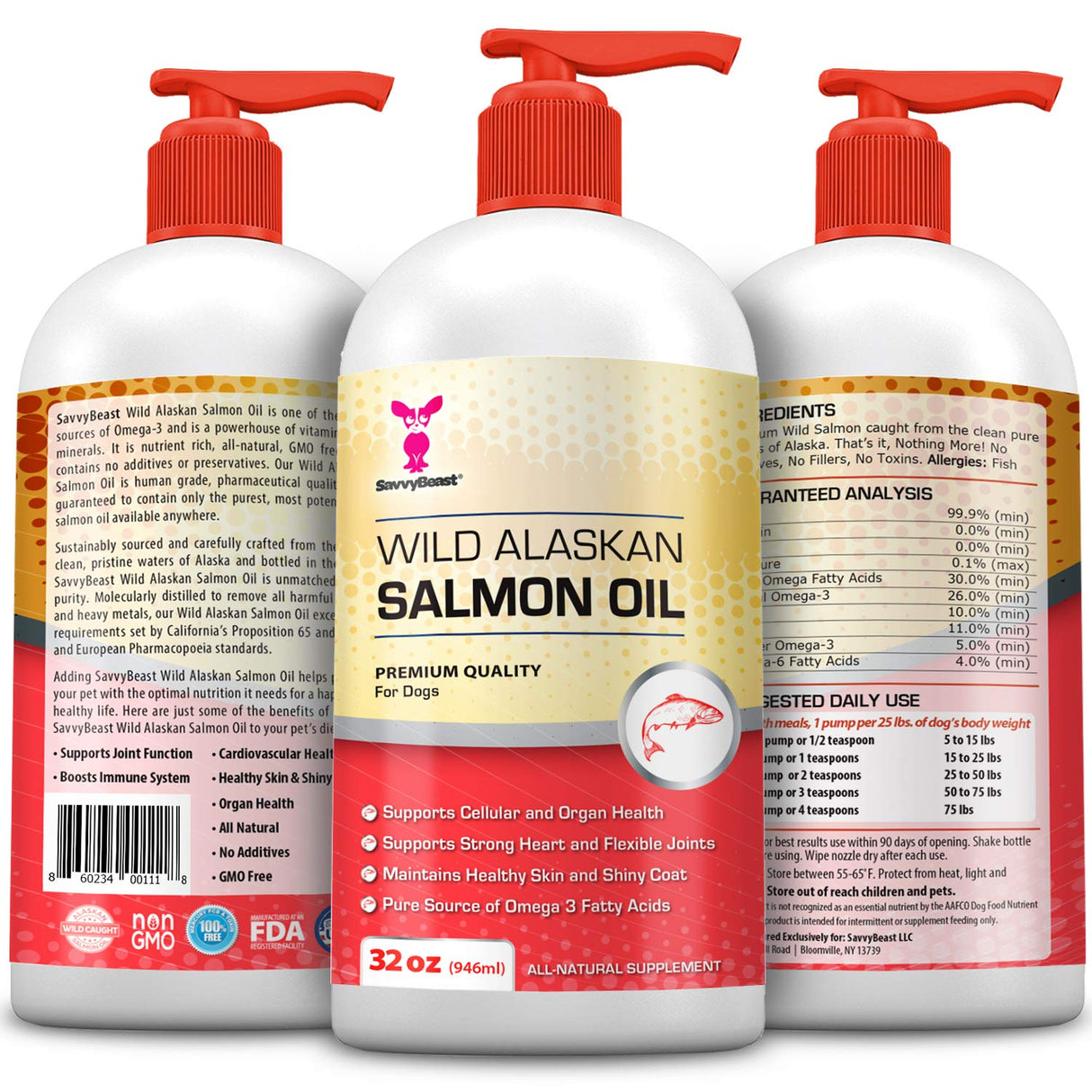 SavvyBeast Wild Alaskan Salmon Oil for Dogs, Cats & Ferrets – Omega-3 Fish Oil Pet Supplement with EPA & DHA – Supports Skin, Coat, Joints, Heart, Brain, Itch Relief & Immune – Unscented – 32 oz