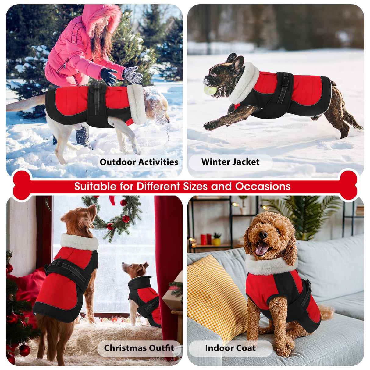 Dogcheer Dog Coat, Christmas Dog Jacket, Waterproof Turtleneck Puppy Winter Coat, Adjustable Pet Puffer Jacket, Reflective Warm Fleece Coats for Small Medium Large Dogs - Red, XL