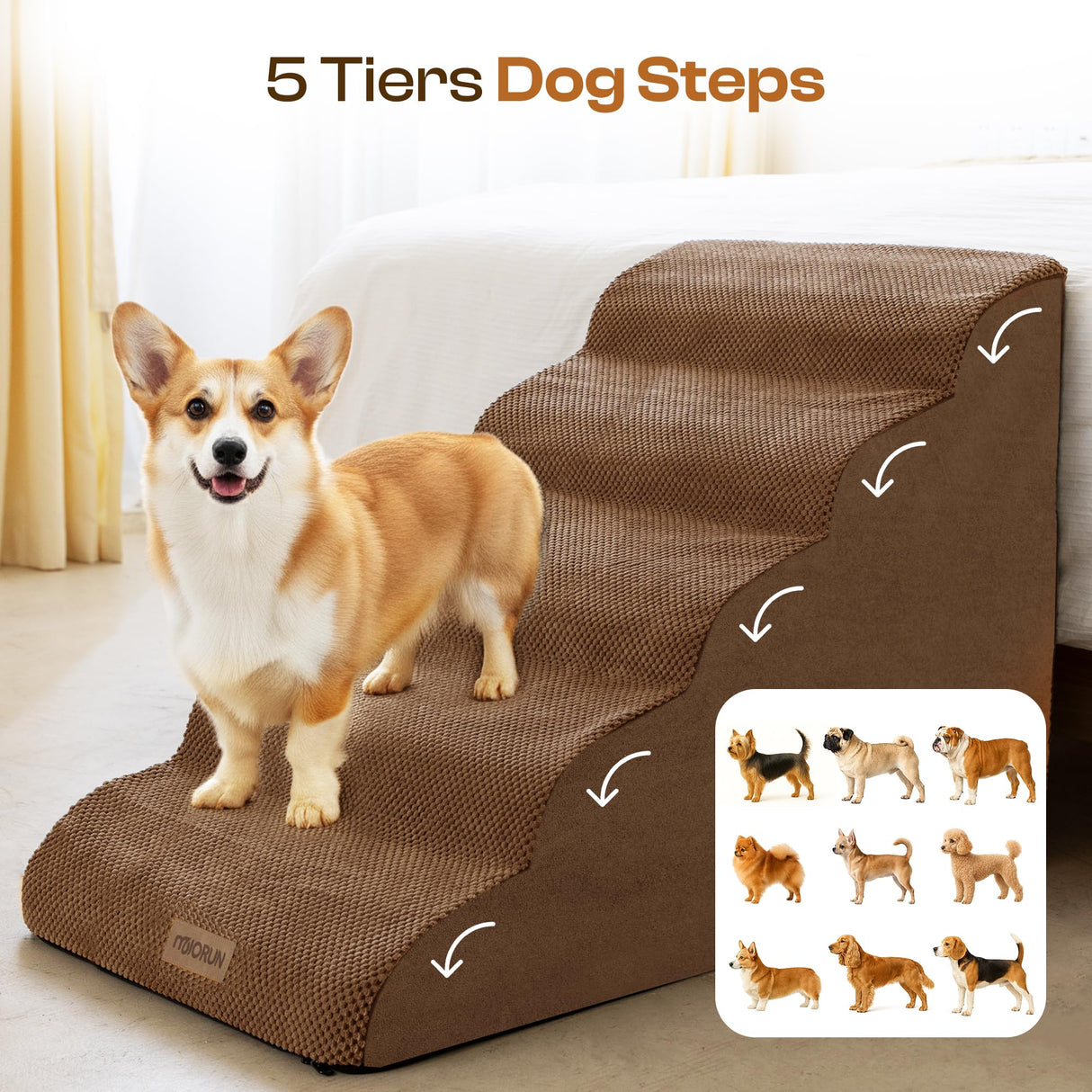 Miorun Extra Wide Dog Stairs for Large Dogs Up to 80lbs, 25" Pet Steps for High Bed with Washable Cover, 5-Step Foam Bed & Couch Ladder for Small Medium Dogs & Senior Cat, Coffee