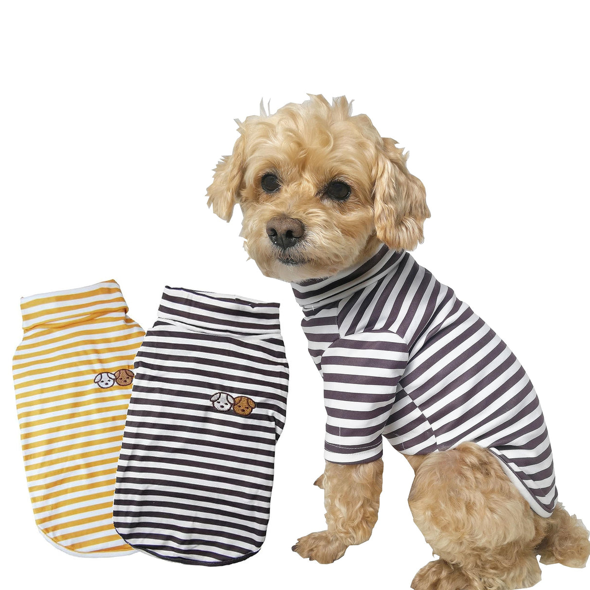 Pack of 2 Cute Doggie Embroidery Puppy Coat Turtleneck Stretchy Dog Sweater Super Soft Pet Cold Weather Coat for Cats Dogs(Large, Yellow+Brown)