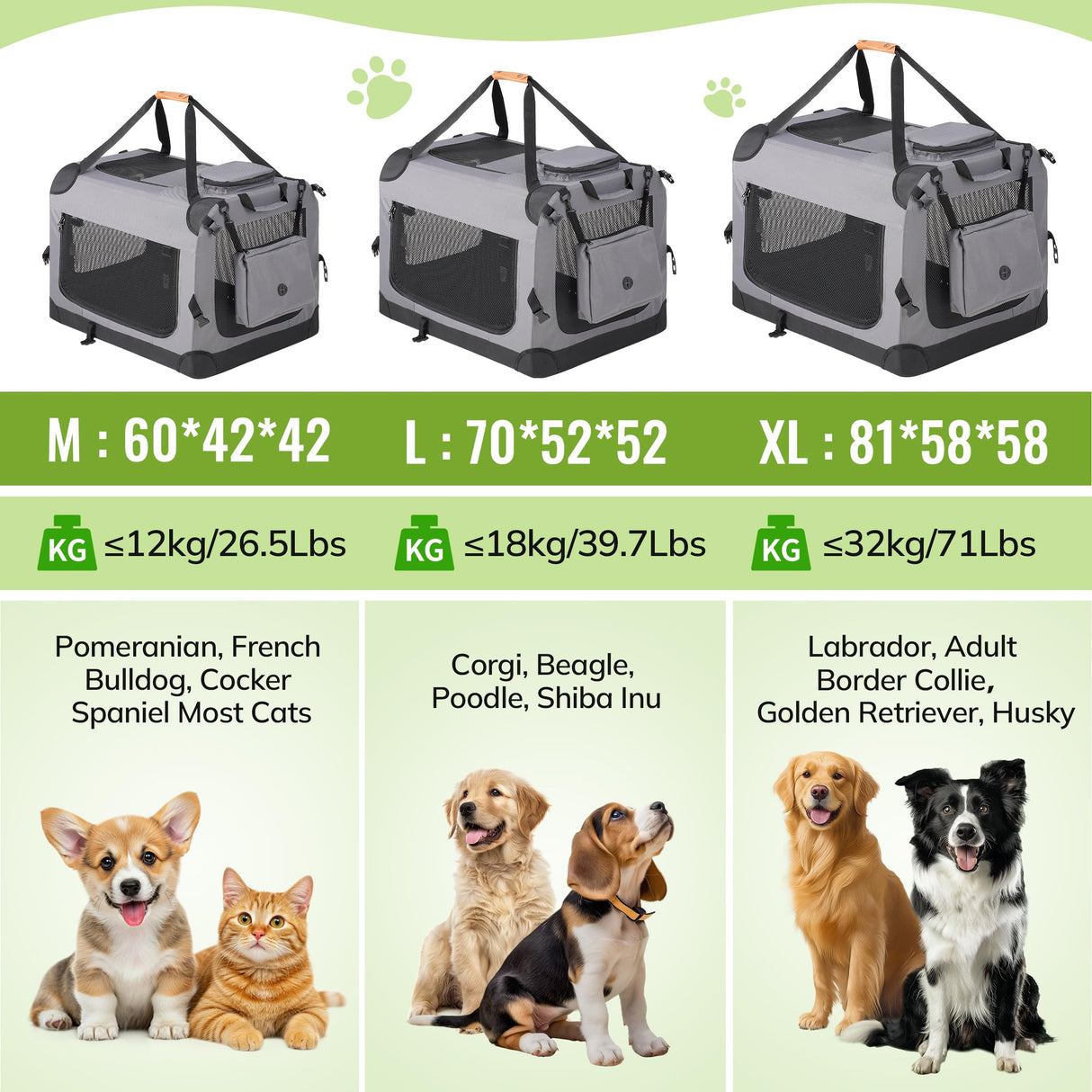 Morpilot 32-inch Portable Collapsible Dog Crate: Travel Dog Crate Soft-Sided for Medium Large Dogs up to 70lbs, with Foldable Bowl, Shoulder Strap & Storage Pockets, Grey