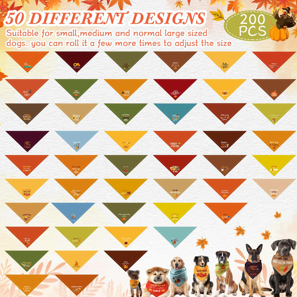 Clysee 100 Pcs Fall Thanksgiving Dog Bandana Bulk with Sayings Pet Triangle Scarf Bibs Washable Puppy Kerchief Adjustable Grooming Supplies for Small Medium Large Dog Cat Costume Accessories