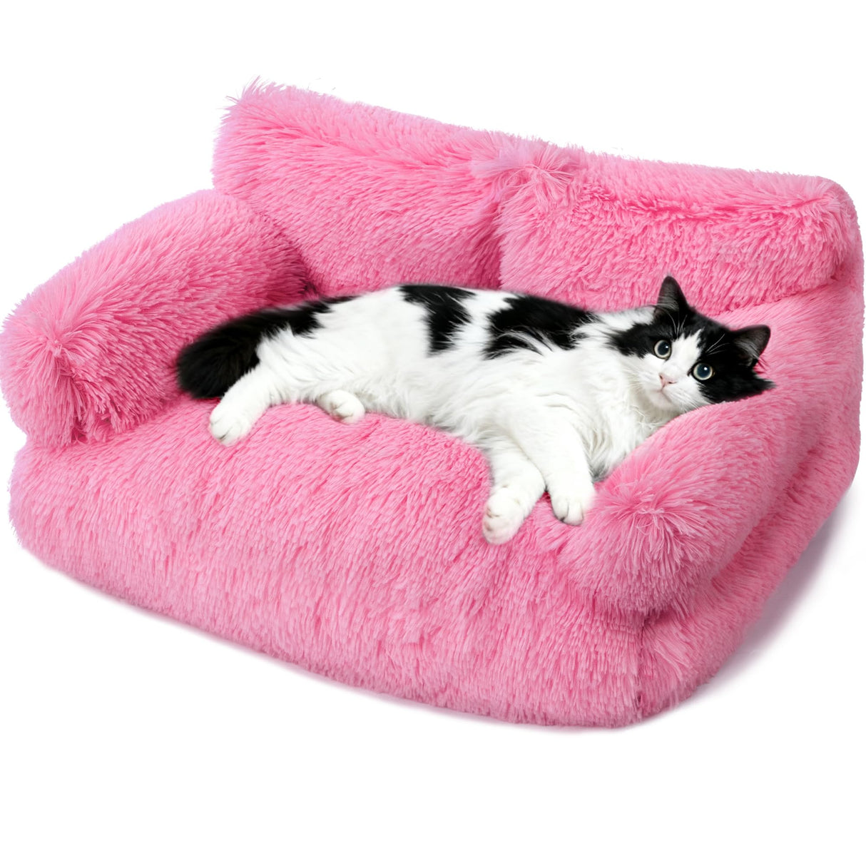 FURMORENE Large Cat Beds for Indoor Cats, Dog Couch Bed, Cute Cat Couch Sofas for Less 20lbs Kitten Puppy, Small Dog Sofas & Chairs with Removable Washable Cover, Soft Warm Pet Furniture, Plush Pink