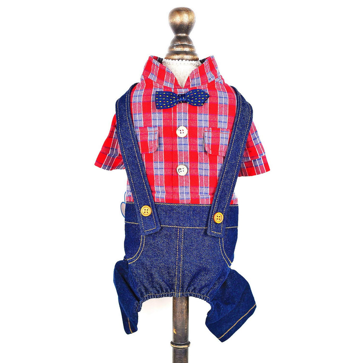 SMALLLEE_LUCKY_STORE Pet Clothes Costume Puppy Denim Overalls for Small Medium Dogs Cats Boys Bowtie Plaid Shirt Jeans Pants Outfits Chihuahua One Piece Jumpsuit,Red S