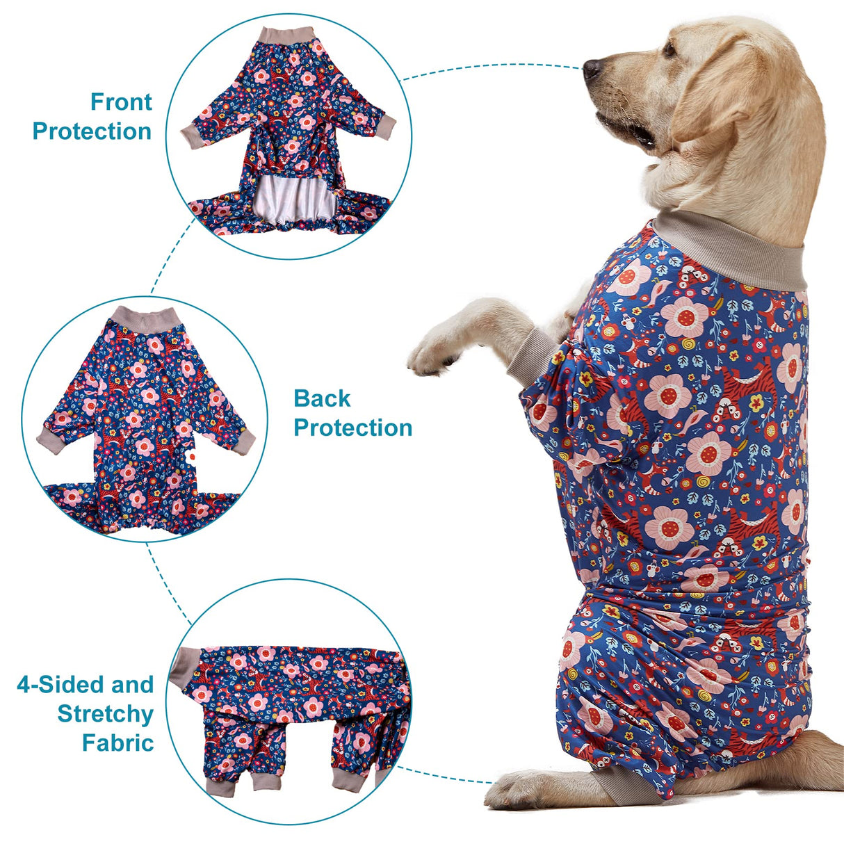 LovinPet Pit Bull Pajamas Large Dogs PJS - Tiger Garden Blue and Pink Print/Lightweight Stretchy Knit Big Dog Pullover Jammies, Large Breed Dog Pajamas, Pet PJ's/XXL