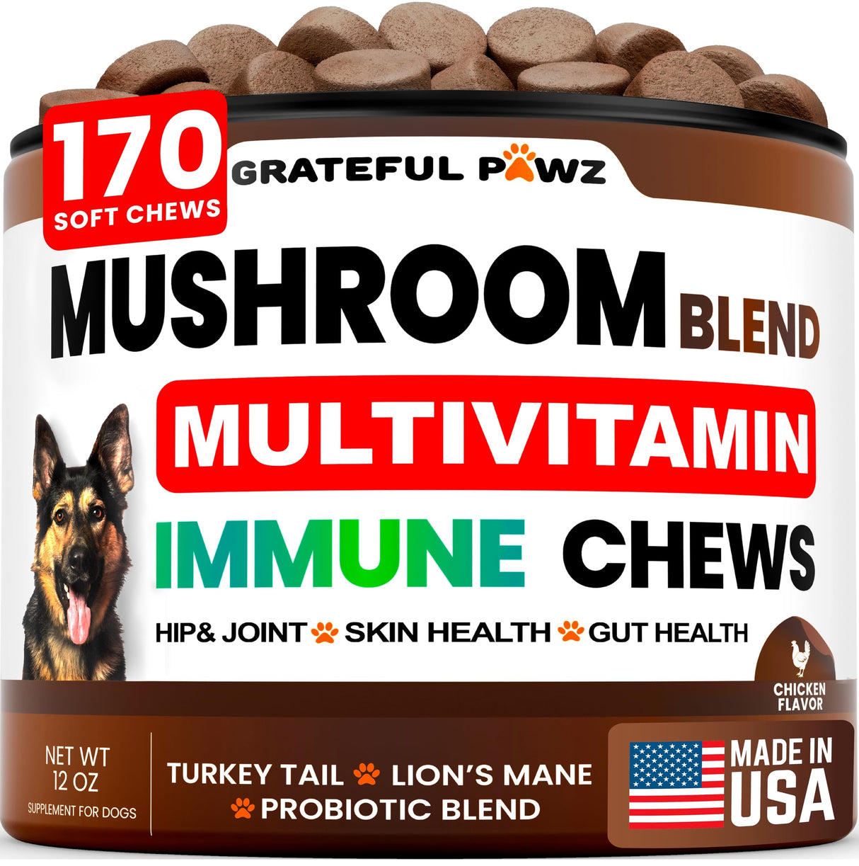Turkey Tail Mushroom Supplement for Dogs - 170 Chews - Mushrooms for Dogs - Reishi, Lion’s Mane, Glucosamine Multivitamin - Immune Booster, Gut, Hip & Joint Health Support Vitamins, Energy & Skin