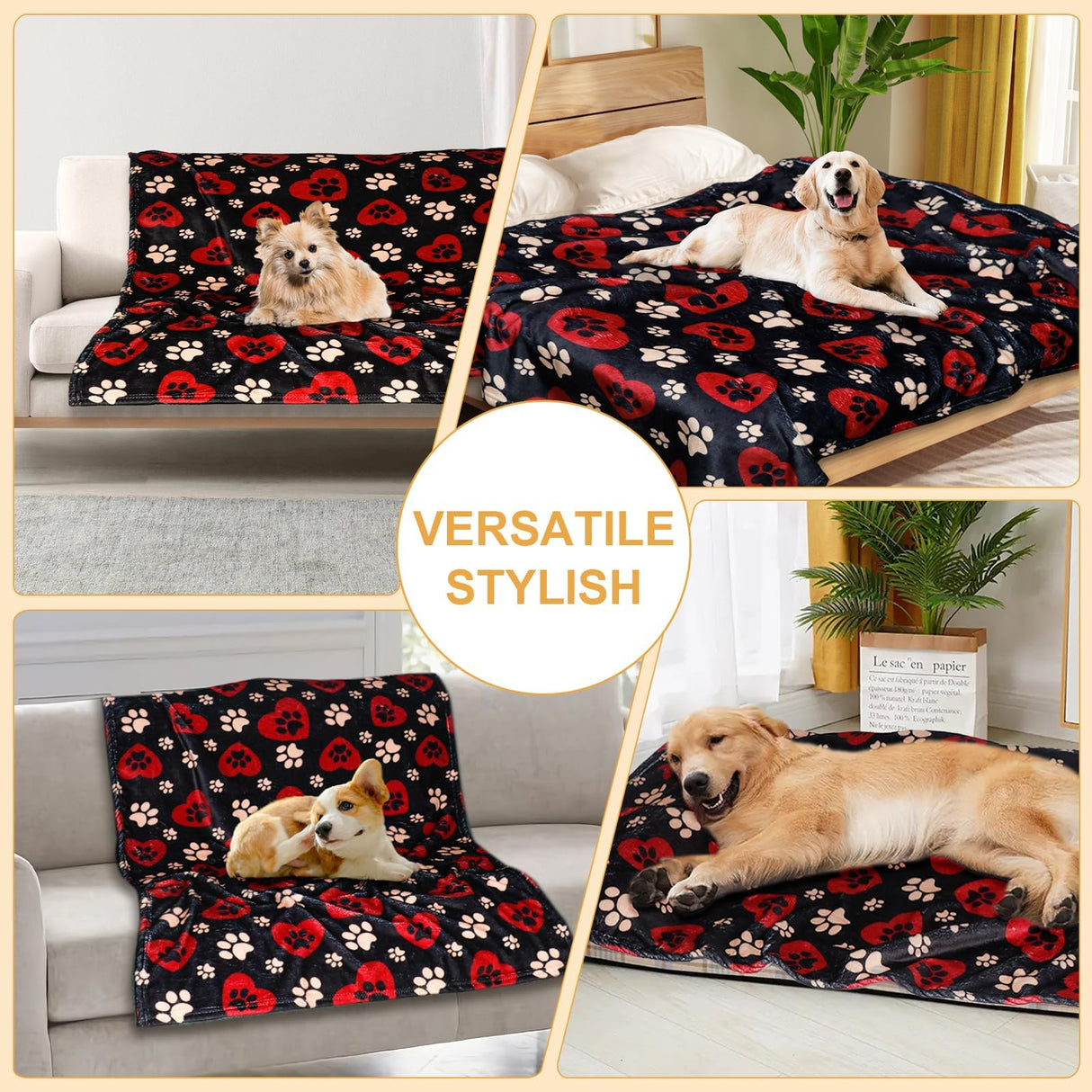 Gowyeg Dog Blankets for Large Dogs, 80"x60" Blanket Washable, Fuzzy Soft Pet Mat Throw Cover for Kennel Crate Bed, Cute Paw Pattern, Cat Blanket, Gifts Medium Small Pet Essentials, Black Red