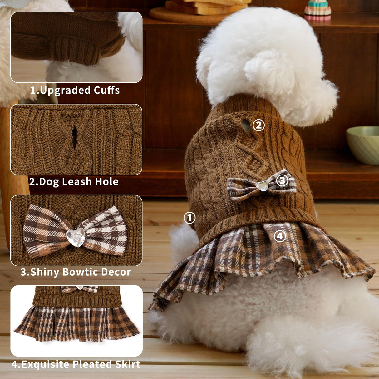 WOYYHO Girl Dog Sweater Dress with Bowtie Turtleneck Small Dogs Sweater with Leash Hole, Knitted Small Dog Sweaters Dress Puppy Winter Clothes for Yorkies Chihuahua (S, Brown)