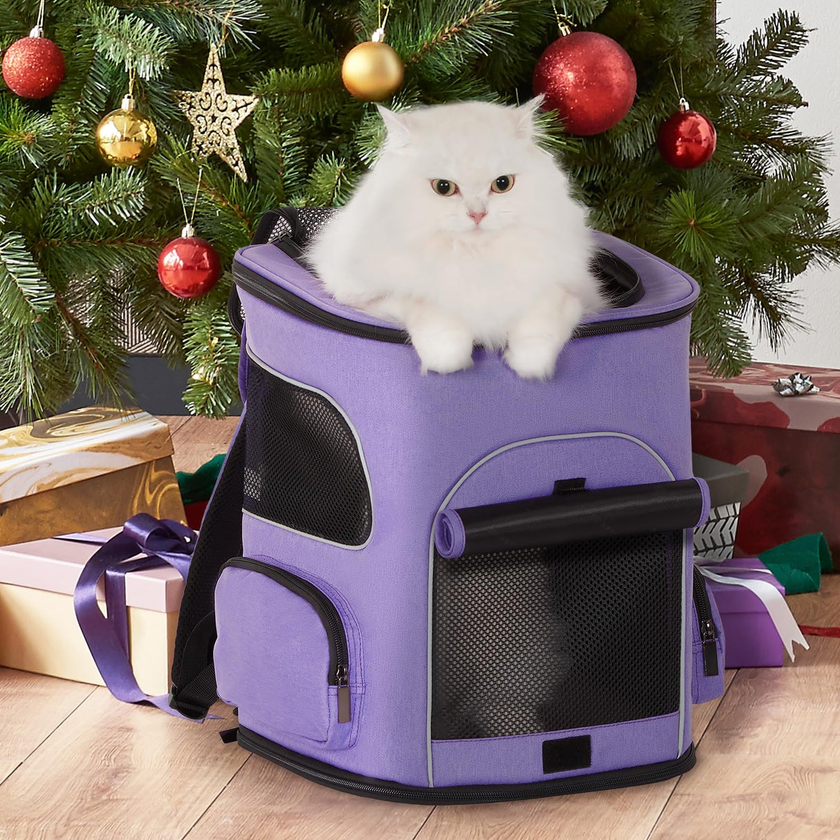 PETSFIT Dog Backpack Carrier with Upgraded Waist Protection, Pet Carrier Backpack Designed for Small Dogs/Cats, Fully Ventilated Collapsible Cat Backpack for Outdoor Traveling Hiking Camping Purple