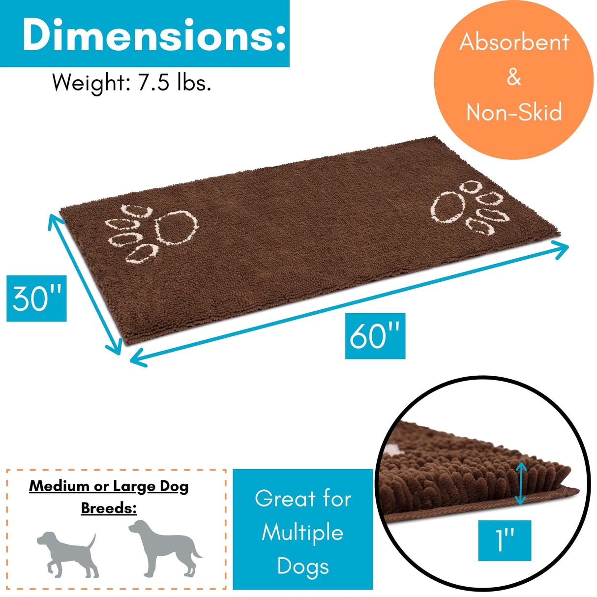 BIRDROCK HOME Chenille Dog Doormat - Absorbent Surface to Keep Floors Clean, Non-Skid Bottom for Safety, Ultra-Soft & Durable, Ideal for Pets, Protects Floors from Dirt - 60 x 30, Brown