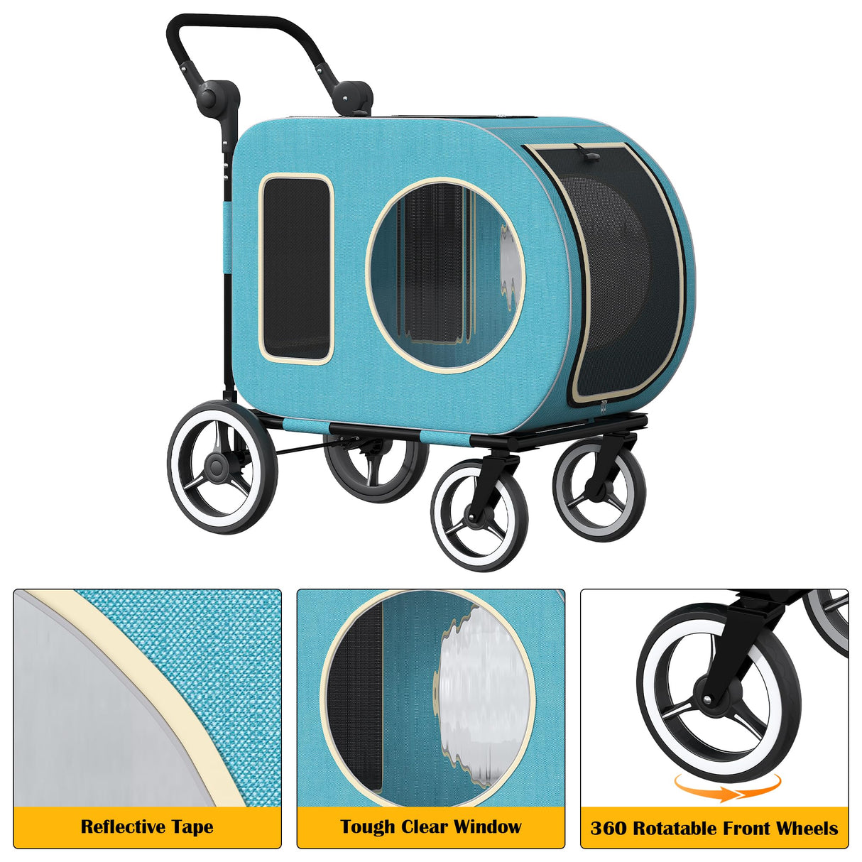 kepptory Dog Stroller with Large Dog House, XL Pet Stroller for 2 Small Dogs with Panoramic Sunroof, Adjustable Handle, Storage Organizer and Sturdy Metal Frame,32.4Lx19.3Wx23.6H(House Size)