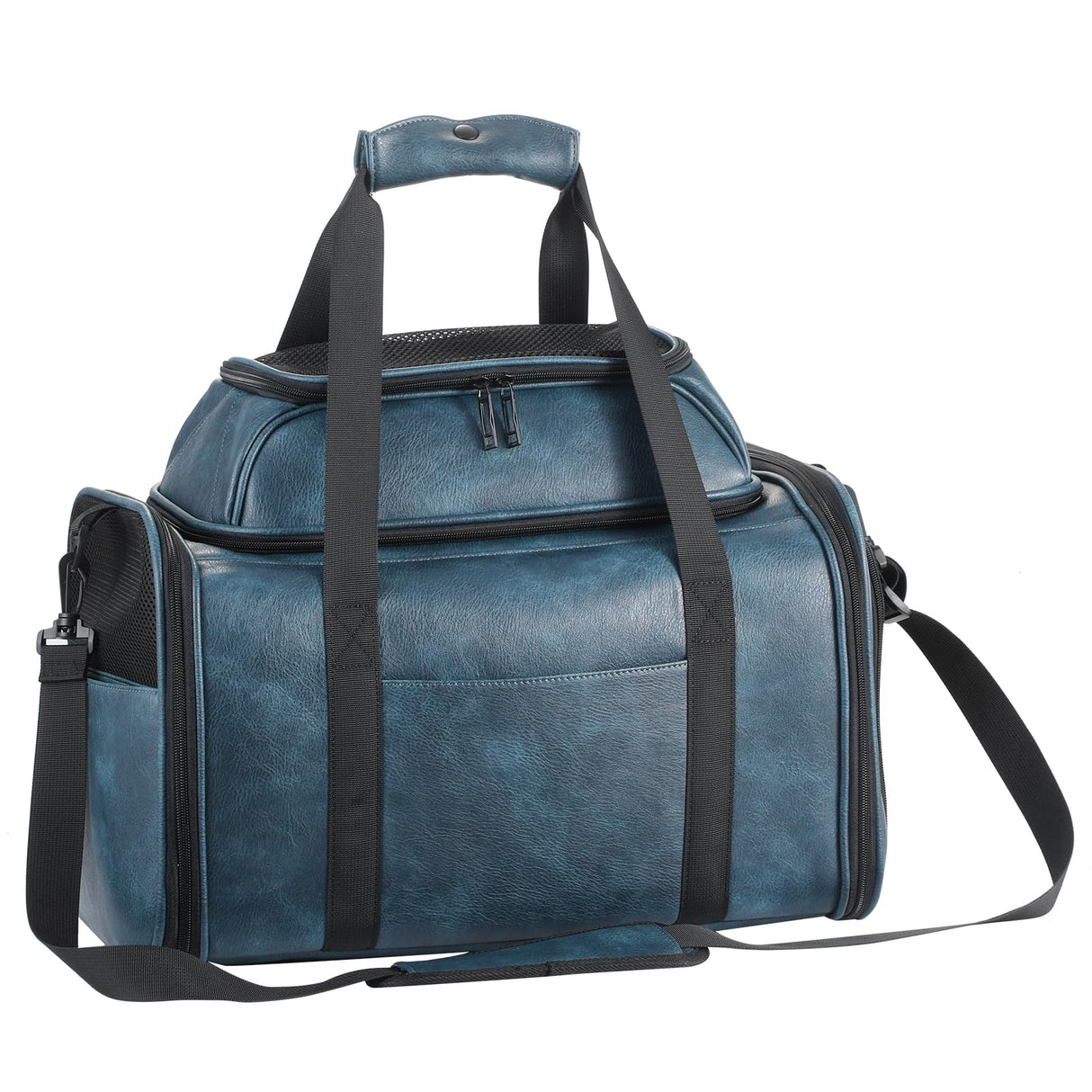 Bosnanller Premium Leather Top Expandable Pet Carrier for Small Dogs & Cats Under 15 lbs, Airline Approved Collapsible Soft-Sided Luxury Travel Bag Blue