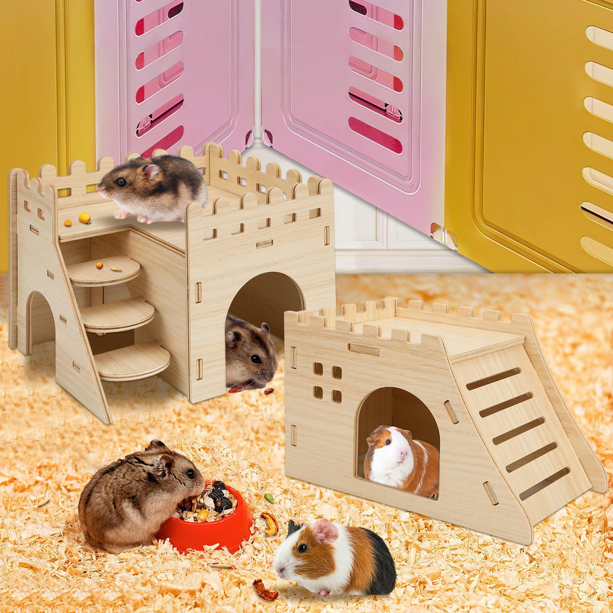 PETKNOWS 2 Pack Hamster Houses and Hideouts, Easy to Assemble Wooden Hamster Castle Small Animal House Bed with Stairs