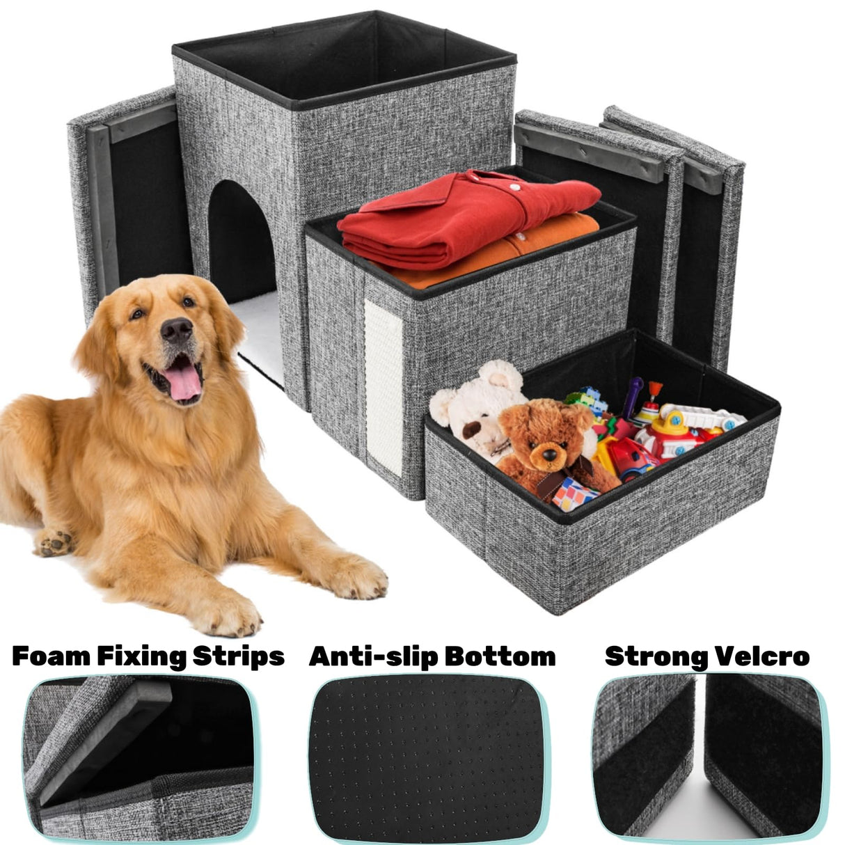 YIMITEE Dog Stairs for Small Dogs, 3 Tiers Dog Step with Storage, Foldable Older Cat Ramp with Condo Cat Scratcher, Portable Pet Ladder for High Bed Couch Chair Car, Up to 165 Lbs, 17 Inch