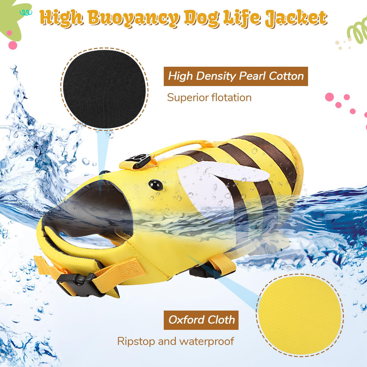Relaxweex Dog Life Jacket Dog Life Vest for Swimming Boating Cute Bee Design with Rescue Handle Adjustable High Flotation Pet Lifesaver Swimsuit for Small Medium Large Puppy Water Safety (Small)