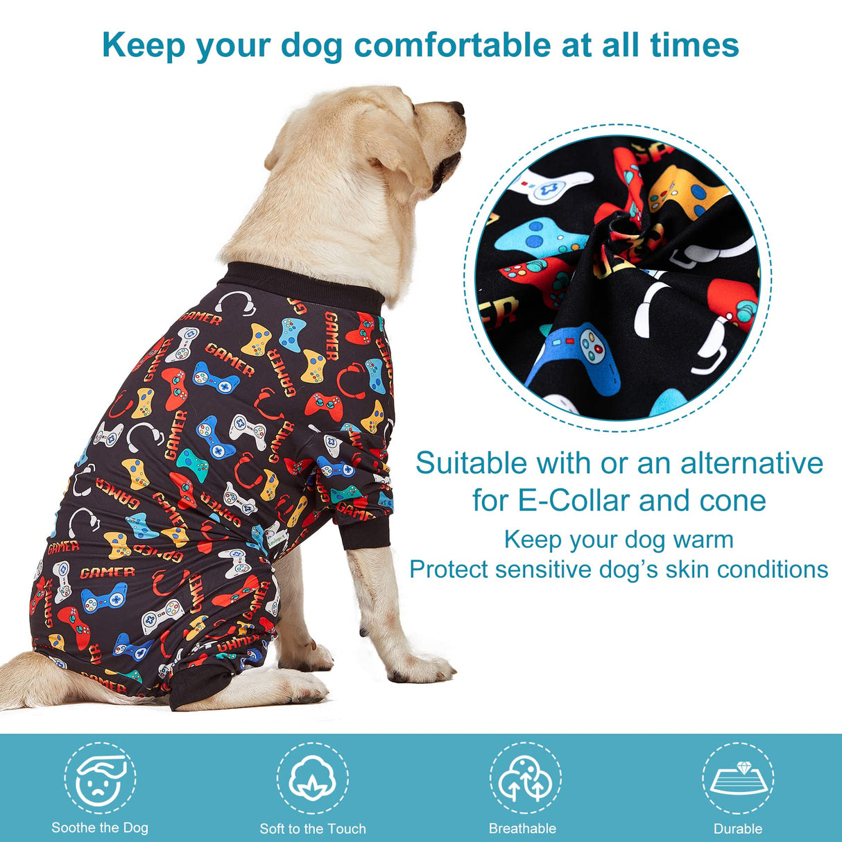 LovinPet Large Dog Pajamas, Game Console Print,UV Protection, Wound Care/Post Surgery Dog Clothes, Pet Anxiety Relief, Lightweight Stretchy Pitbull Pullover Shirt, Onesies for Dogs, Pet PJ's/Medium