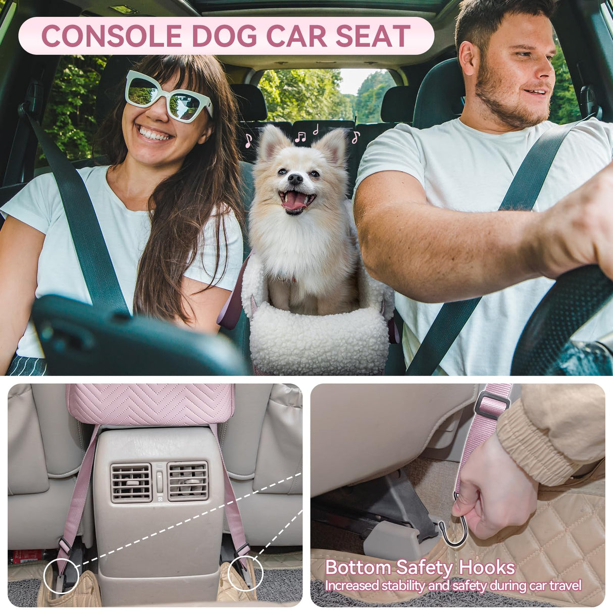 PETSFIT Cat Car Seat, Portable Console Dog Car Seat with Safe Protective Hooks, Luxury Pet Car Seat Includes Safety Leash and Storage Pocket for Pets Up to 9 lbs (Pink)