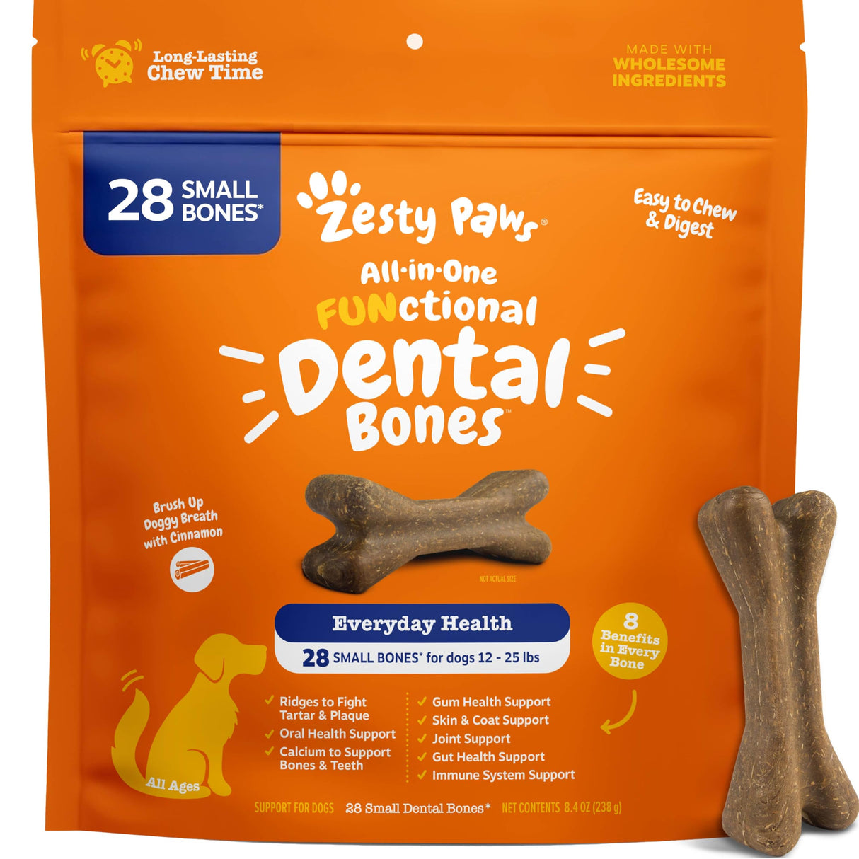 Zesty Paws Dental Bones - Fights Tartar & Plaque - Gum, Teeth & Bone Health - Cinnamon for Dog Breath - Immune, Joint, Gut, Skin & Coat Support - Omega 3 EPA & DHA and Calcium - Small Dogs - 28 ct