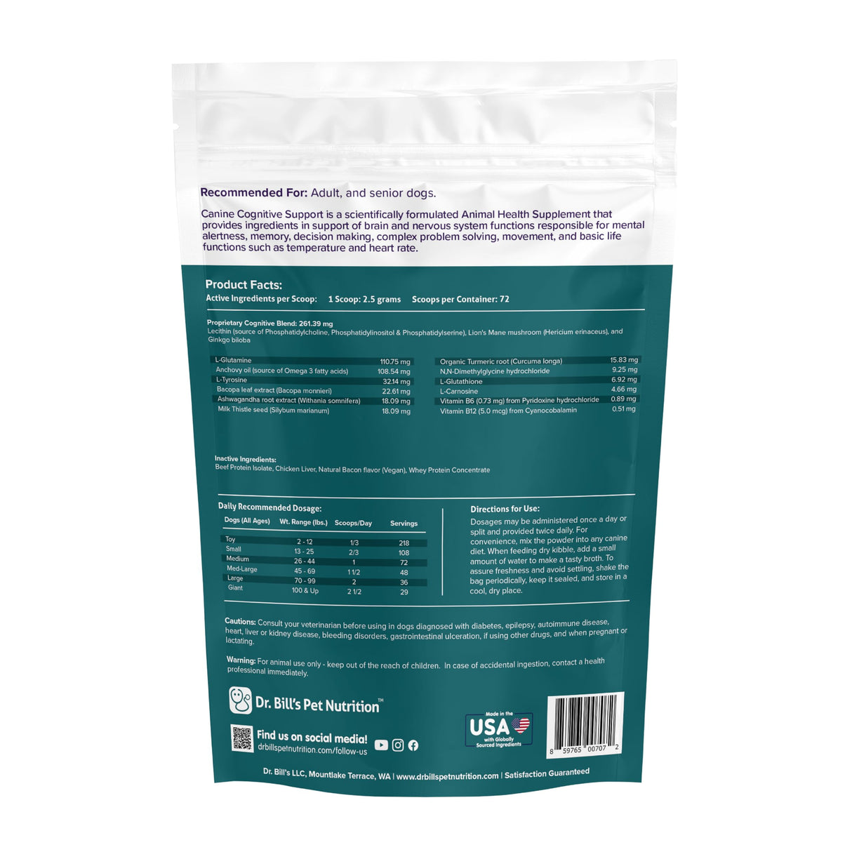 Dr. Bill’s Canine Cognitive Support | Memory Support Supplement Multivitamin for Dogs | Contains Gingko Biloba, L-Carnosine, Vitamin B-12, L-Glutamine, L-Tyrosine, and DHA for Adult and Senior Dog