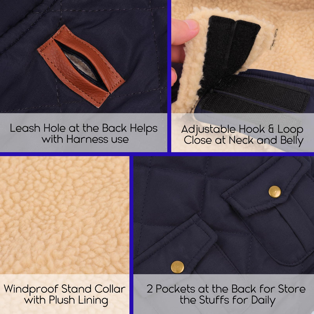 ASENKU Warm Dog Winter Coat, Waterproof Dog Coat for Cold Weather, Fleece Dogs Jacket with Ultra Thick Plush Lining Leash Hole Storage Pockets for Small Dogs (Navy Blue, Small)
