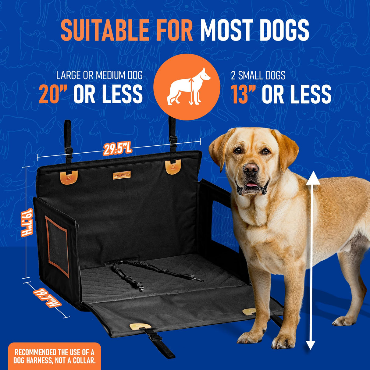 Large Dog Car Seat for Medium Sized Dog or 2 Small Dogs. Waterproof, Mesh Sides with Supporting Rods, Dual Seat Belt, Enclosed, Foldable & Hard Bottom Pet Car Seat. Pet Travel Bed 29.5"X19.7"X19.7"