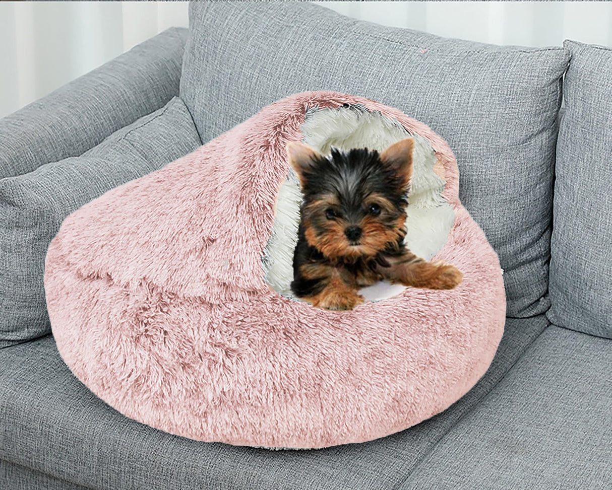 NTUQCAW Dog Cave Bed for Small Dogs Cats Pets, Anti Anxiety Calming Plush Dog Beds, Fluffy Covered Hooded Cozy Burrow Puppy Beds, Anti-Slip Bottom Washable Pet Sleeping Bag (20" D, Pink)