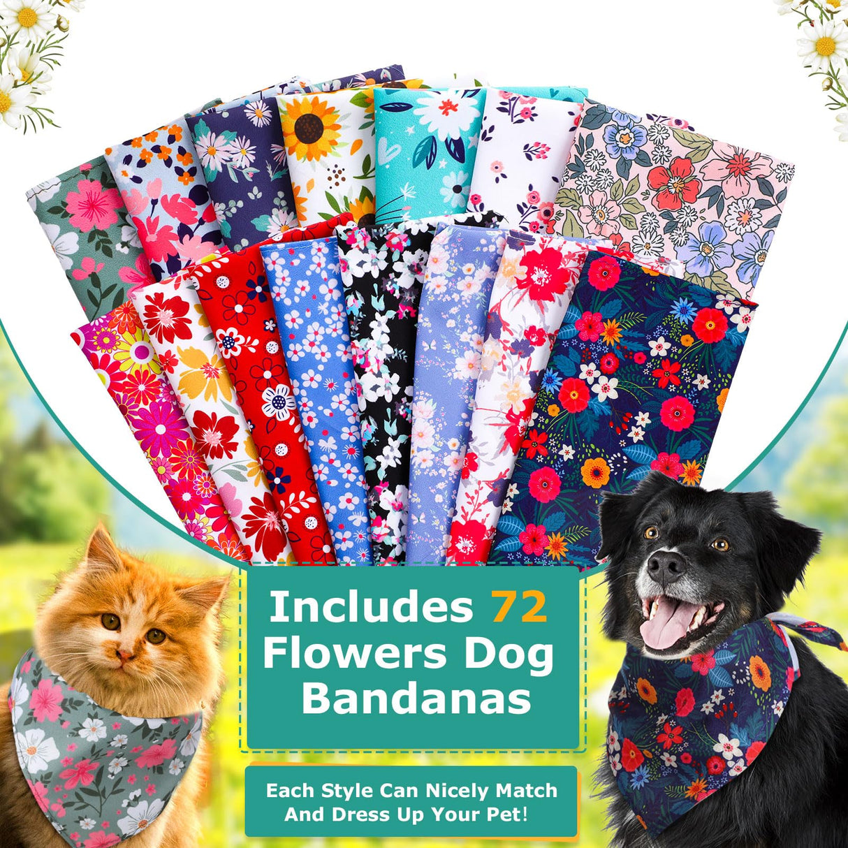 72 Packs Dog Bandanas Bulk Buffalo Plaid Cat Bandana Summer Scarf Triangle Fruit Drool Bibs Washable Adjustable Kerchief Dog Cat Bandana for Beach Small Medium Pet Supplies(Flower)