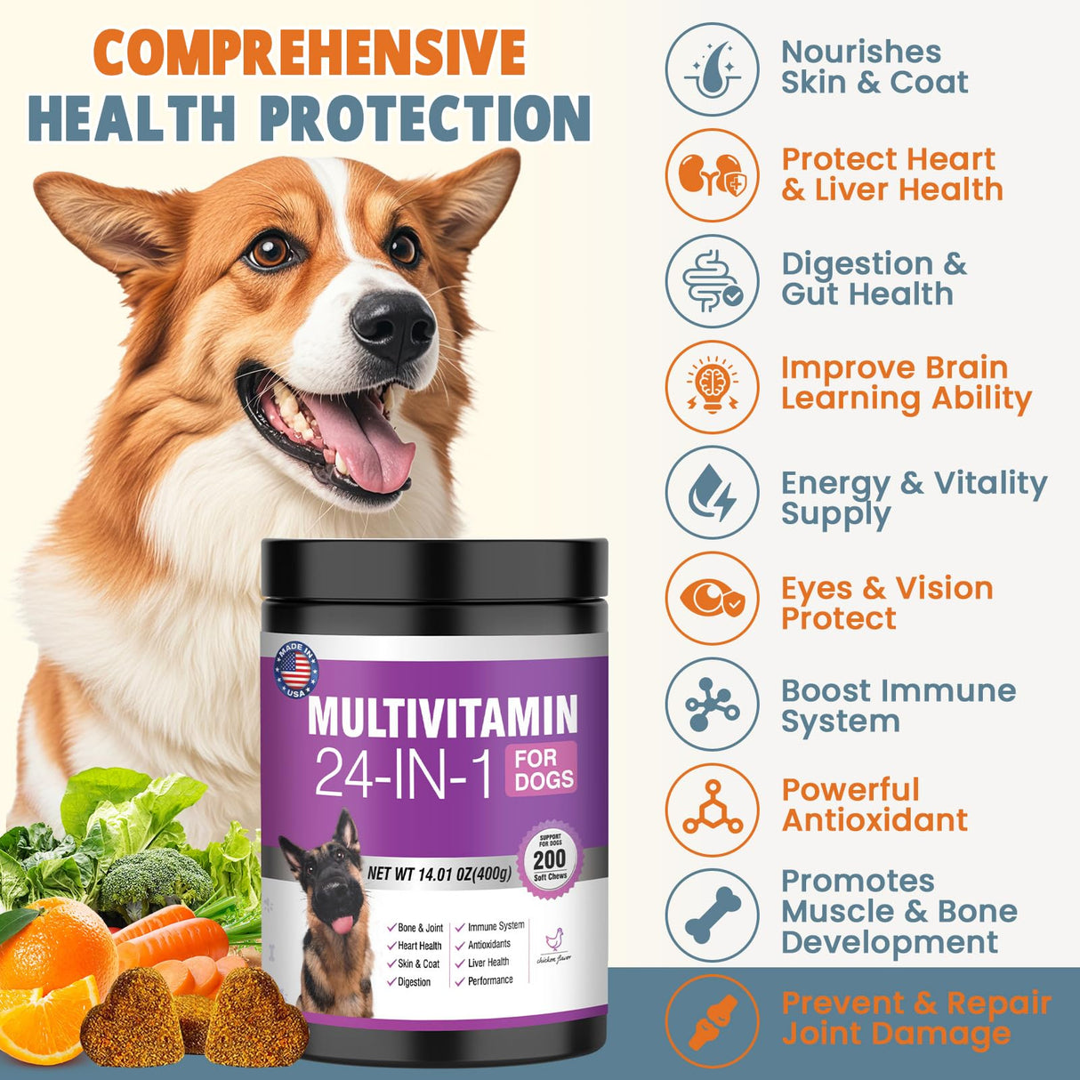 24-in-1 Dog Vitamins and Supplements 200 Ct Dogs Multivitamin Chewable Contain Chondroitin Probiotics Omega-3 Glucosamine for Dogs Skin Coat Heart Joint Gut Liver Brain Eyes Immune Support - Chicken