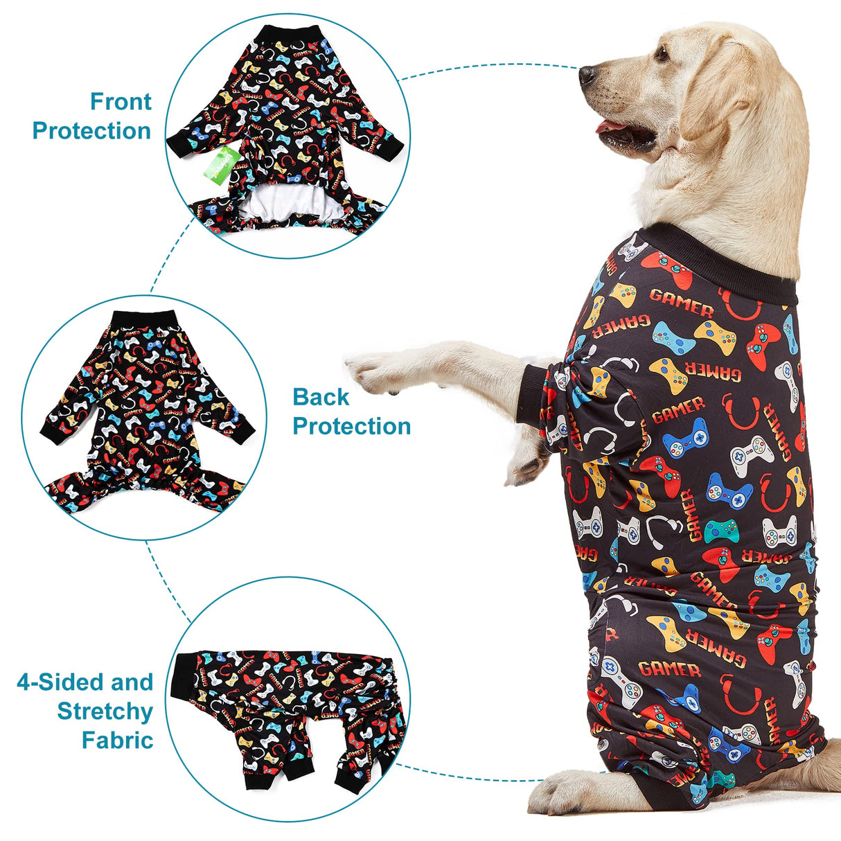 LovinPet Large Dog Pajamas, Game Console Print,UV Protection, Wound Care/Post Surgery Dog Clothes, Pet Anxiety Relief, Lightweight Stretchy Pitbull Pullover Shirt, Onesies for Dogs, Pet PJ's/Medium