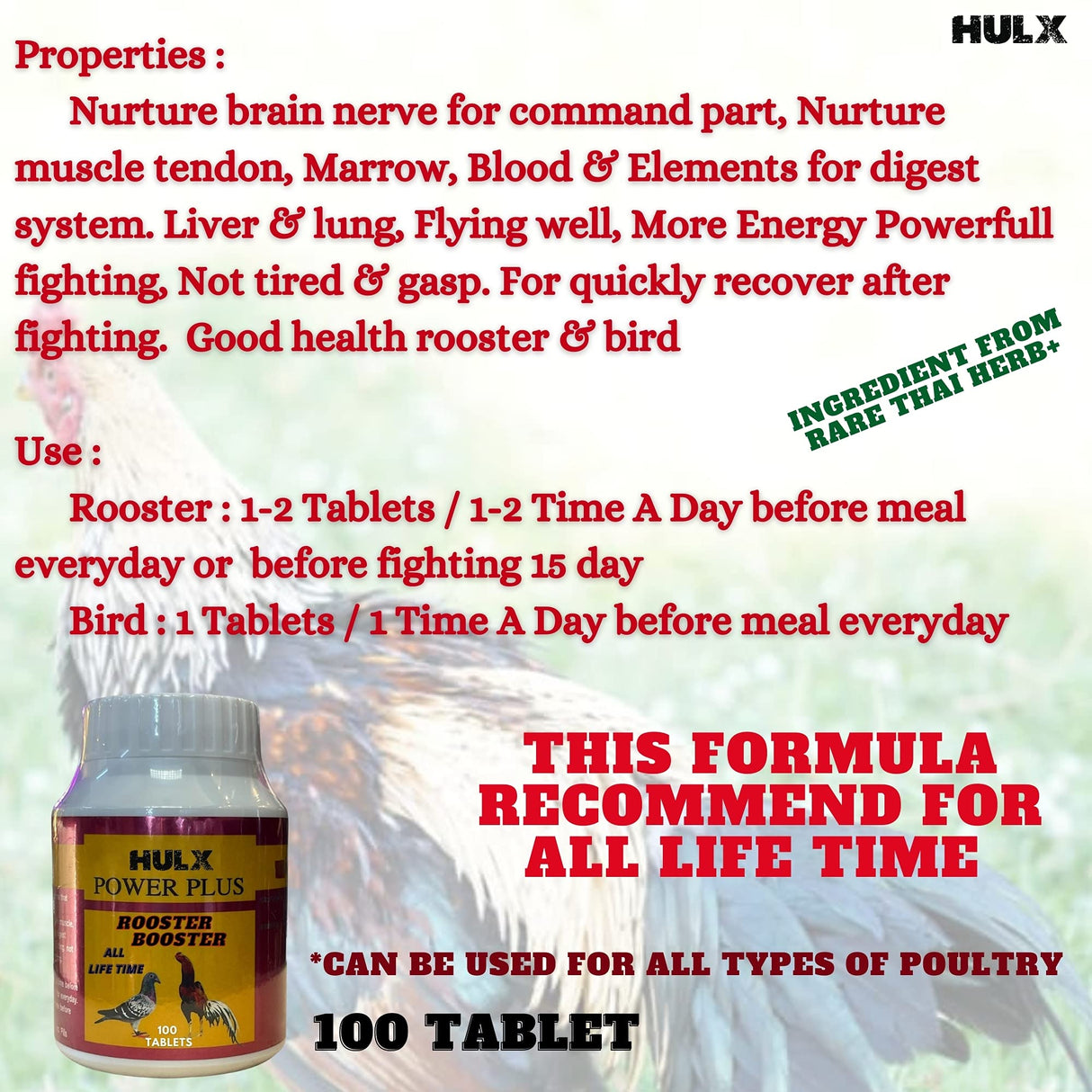 HULX Power Plus 100 Tablets, Fast Increasing Energy Formula Rooster Booster Vitamins Health Chicken Supplement for Good Health, Build Muscle, Blood, Power Feed Poultry Bird Hen Food