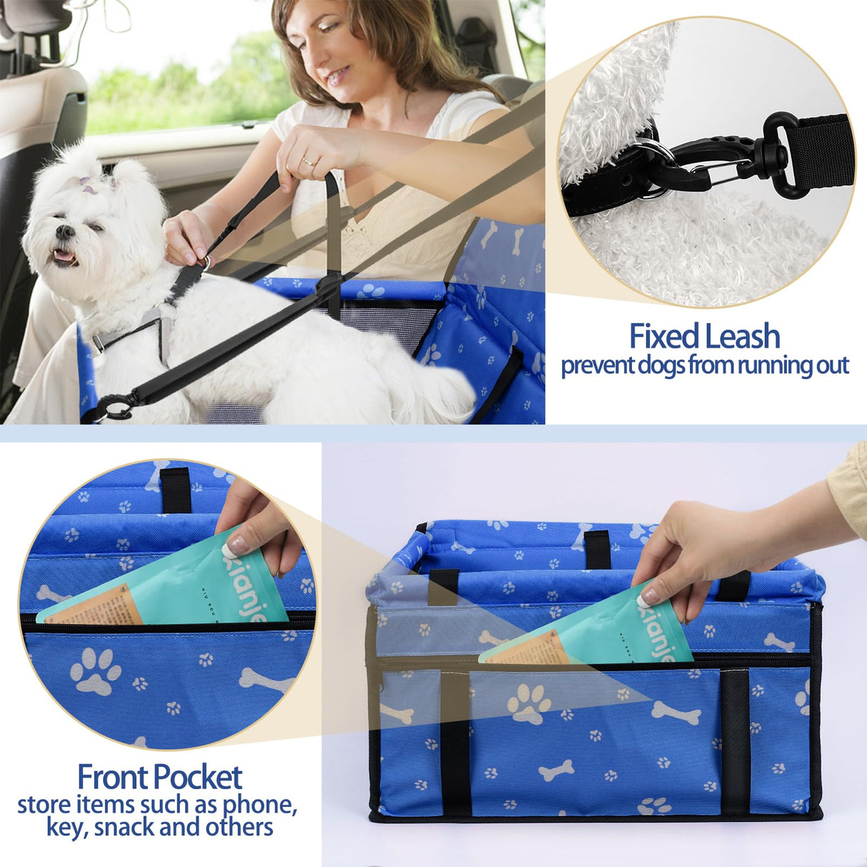 PetsHome Dog Car Seat Foldable Dog Car Booster Seat Waterproof Breathable Oxford Travel Bag for Small to Medium Dogs, Puppies, and Pets-Pattern Blue