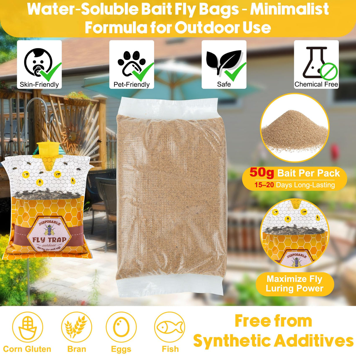 6 Pack Big Fly Traps Outdoor Hanging for Patio, Flies Bags Outdoor Disposable with 50g Bait, Bug Fly Hunter Catcher Killer Control for Barn Horse Ranch Chicken Coop