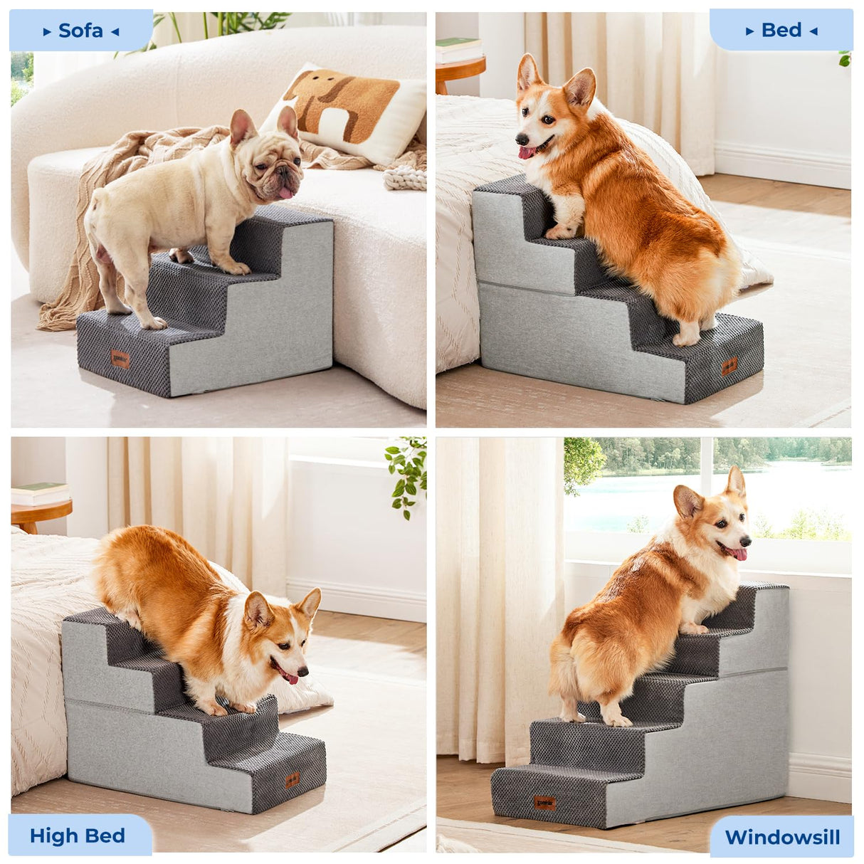 ZOMISIA Dog Stairs for Small Dogs - Pet Stairs 2 in 1 with Zippers Suitable for Couch and Bed, 35D Foam Dog Steps with Non Slip Bottom Grey 4 Steps, Beige